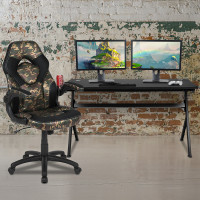 Flash Furniture BLN-X10D1904L-CAM-GG Gaming Desk and Camouflage/Black Racing Chair Set /Cup Holder/Headphone Hook/Removable Mouse Pad Top - 2 Wire Management Holes